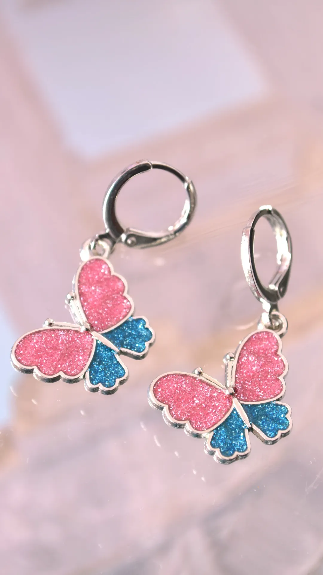 Pendientes mariposa colgante con purpurina bicolor