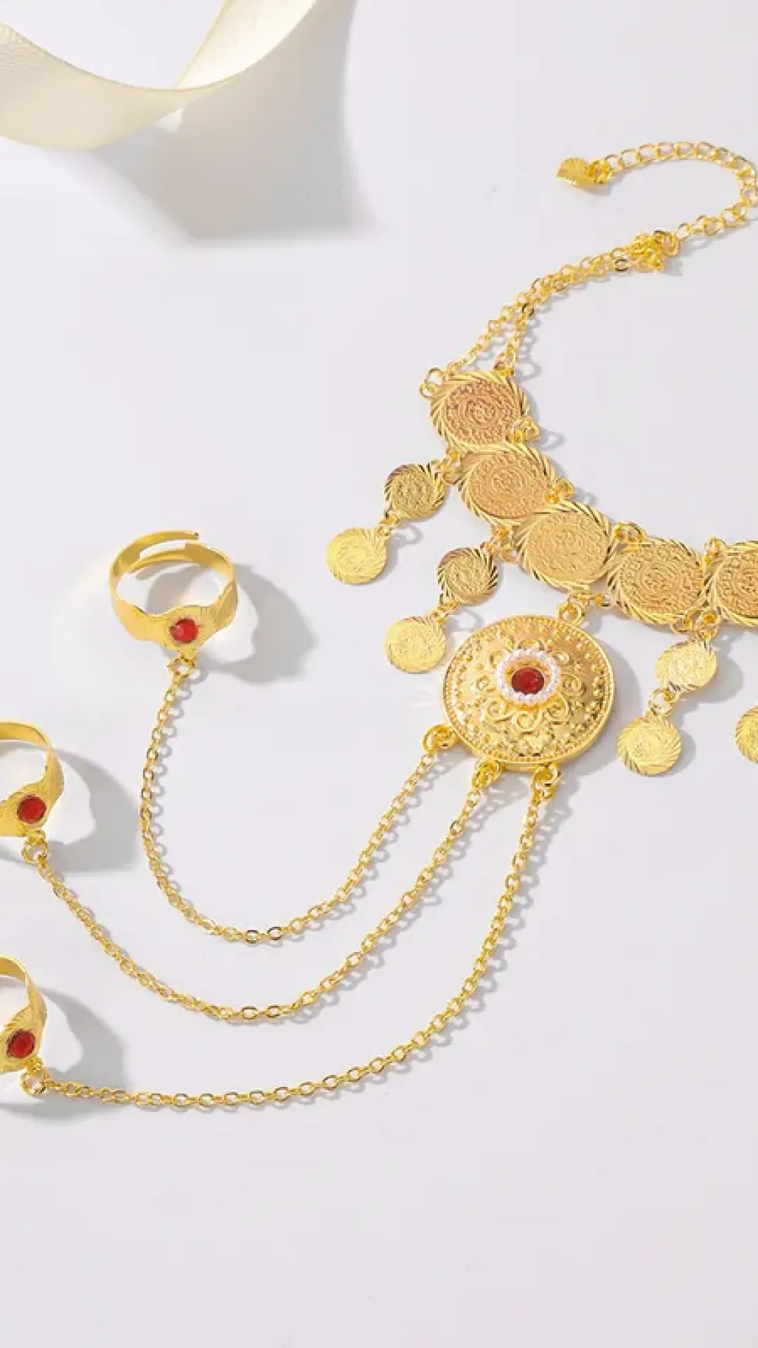 Brazalete árabe 3 anillos de cobre chapado en oro de 18k con incrustaciones