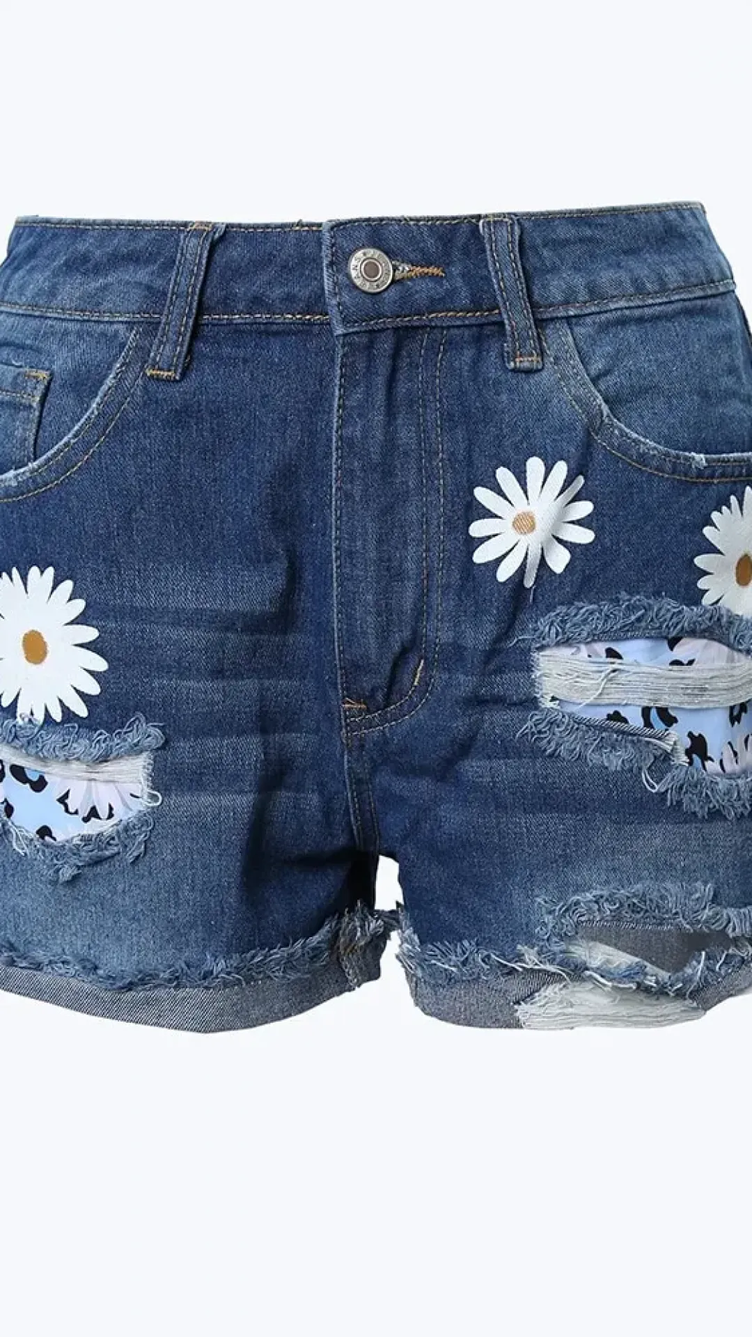 Short de mezclilla no elástico con estampado floral y desgastados